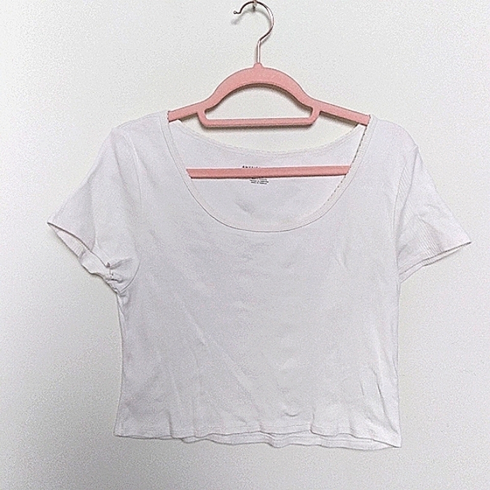 American Eagle White Cropped Cotton Short Sleeve Scoop Neck Ribbed Tee Large - Picture 3 of 9